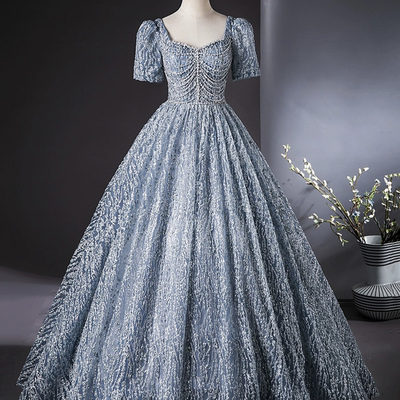 Blue tulle beaded long prom dress - Thumbnail 1