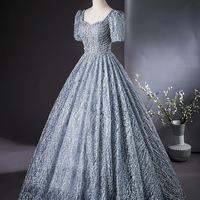 Blue Tulle Beaded Long Prom Dress - Thumbnail 1