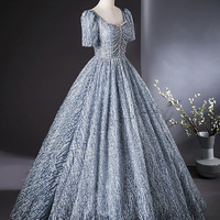 Blue Tulle Beaded Long Prom Dress - Thumbnail 2
