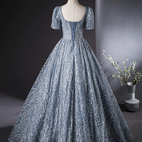 Blue Tulle Beaded Long Prom Dress - Thumbnail 3