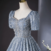 Blue Tulle Beaded Long Prom Dress - Thumbnail 4