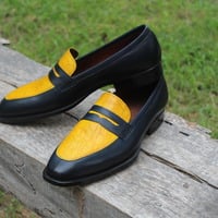 Crafted Leather Men Blue Leather Yellow Crocodile Formal Loafers Dress Shoes - Thumbnail 1