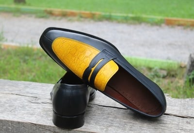 Crafted Leather Men Blue Leather Yellow Crocodile Formal Loafers Dress Shoes