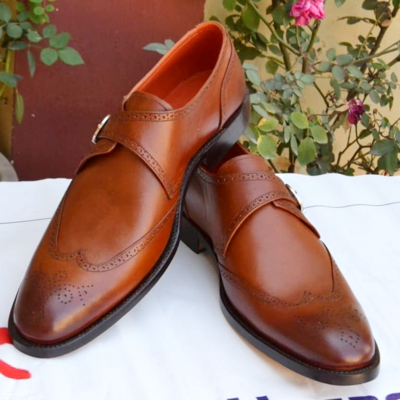 Crafted leather handmade brown calf leather wingtip oxford monk strap dress shoes for mens