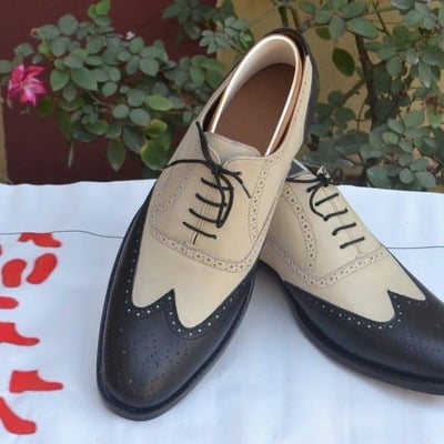 Crafted leather bespoke classic black beige leather wingtip oxford dress formal shoes - Thumbnail 5