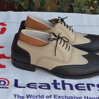 Crafted Leather Bespoke Classic Black Beige Leather Wingtip Oxford Dress Formal Shoes - Thumbnail 1