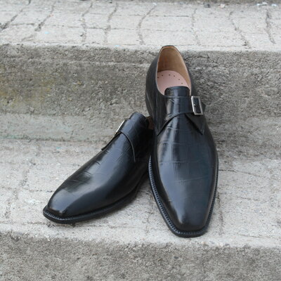 Crafted leather handmade men's classic black crocodile texture leather monk strap dress shoes