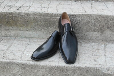 Crafted Leather Handmade Men's Classic Black Crocodile Texture Leather Monk Strap Dress Shoes