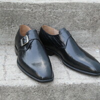 Crafted Leather Handmade Men's Classic Black Crocodile Texture Leather Monk Strap Dress Shoes - Thumbnail 1