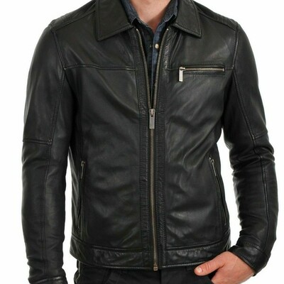 Men designer jacket genuine black lambskin leather biker motorcycle