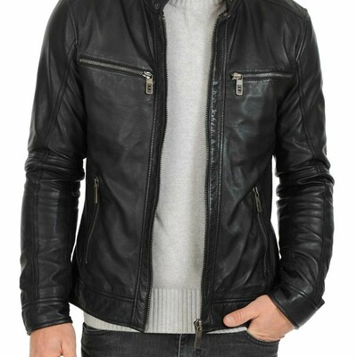 Mens black leather jacket motorcycle genuine lambskin slim fit biker jacket