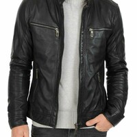 Mens Black Leather Jacket Motorcycle Genuine Lambskin Slim Fit Biker Jacket - Thumbnail 4