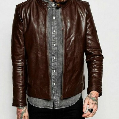 Men's brown leather jacket soft lambskin motorcycle cafe racer