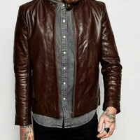 Men's Brown Leather Jacket Soft Lambskin Motorcycle Cafe Racer - Thumbnail 1