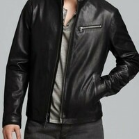 New Black Leather Jacket Men Biker Moto Pure Lambskin - Thumbnail 4