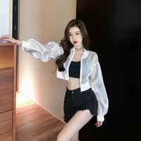 Vintage Puffy Glitter Soft Mesh Chiffon Zipper Blazer Crop High Street Ourerwear - Thumbnail 5