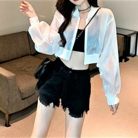 Vintage Puffy Glitter Soft Mesh Chiffon Zipper Blazer Crop High Street Ourerwear - Thumbnail 7
