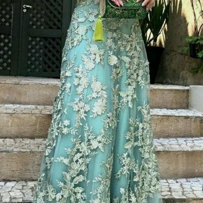 Green mother of the bride/groom dresses lace appliques evening gowns wedding guest dress