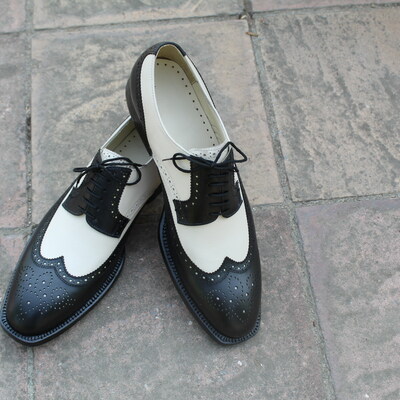 Crafted leather handmade classic black beige wingtip oxford shoes, men dress shoes - Thumbnail 5