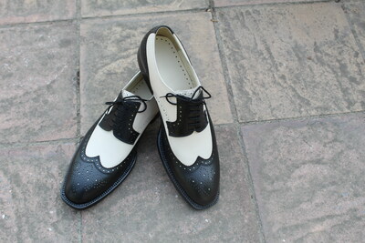 Crafted Leather Handmade Classic Black Beige Wingtip Oxford Shoes, Men Dress Shoes