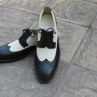 Crafted Leather Handmade Classic Black Beige Wingtip Oxford Shoes, Men Dress Shoes - Thumbnail 2