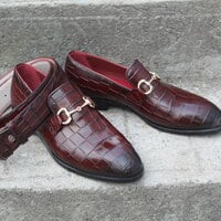 Crafted Leather Horsebit Loafer in Bordeaux Crocodile Texture Leather Dress Shoes with Matching Belt - Thumbnail 1