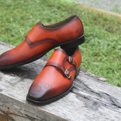 Crafted leather classic handmade men's tan leather monk strap dress shoes - Thumbnail 5