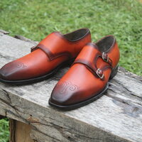 Crafted Leather Classic Handmade Men's Tan Leather Monk Strap Dress Shoes - Thumbnail 1