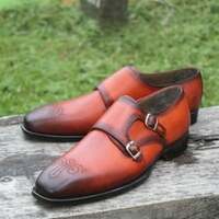 Crafted Leather Classic Handmade Men's Tan Leather Monk Strap Dress Shoes - Thumbnail 3