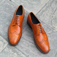 Crafted Leather Handmade Men Tan Leather Wingtip Oxford Dress Shoes - Thumbnail 1