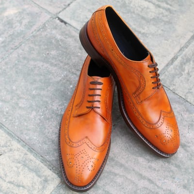 Crafted leather handmade men tan leather wingtip oxford dress shoes - Thumbnail 5