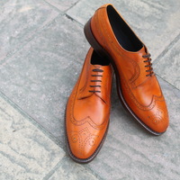 Crafted Leather Handmade Men Tan Leather Wingtip Oxford Dress Shoes - Thumbnail 2