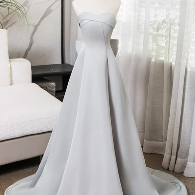Gray strapless satin floor length prom dress - Thumbnail 1