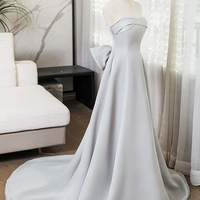 Gray Strapless Satin Floor Length Prom Dress - Thumbnail 2