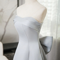 Gray Strapless Satin Floor Length Prom Dress - Thumbnail 4