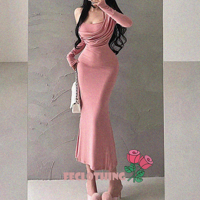 Fake two-piece halter neck slim fit solid color long sleeve dress - Thumbnail 4