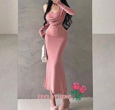 Fake two-piece halter neck slim fit solid color long sleeve dress