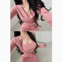 Fake two-piece halter neck slim fit solid color long sleeve dress - Thumbnail 1