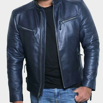 Mens leather jacket,mens navy blue genuine lambskin biker casual jacket