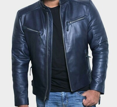 Mens Leather Jacket,Mens Navy Blue Genuine Lambskin Biker Casual Jacket
