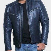 Mens Leather Jacket,Mens Navy Blue Genuine Lambskin Biker Casual Jacket - Thumbnail 4