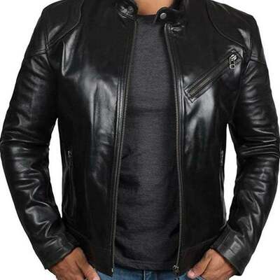 Leather motorcycle jacket men black cafe racer leather jackets for men
