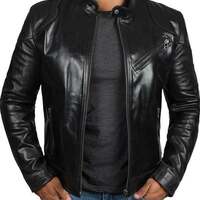Leather Motorcycle Jacket Men Black Cafe Racer Leather Jackets for Men - Thumbnail 1