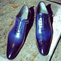 Blue Two Tone Leather Handmade Men's Shoes ,Lace Up Brogue Toe Shoes - Thumbnail 1