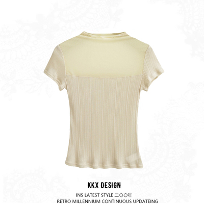 Half-high collar mesh splicing sexy perspective hollow short-sleeved t-shirt