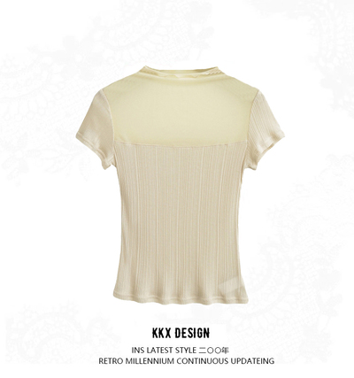 Half-high collar mesh splicing sexy perspective hollow short-sleeved T-shirt