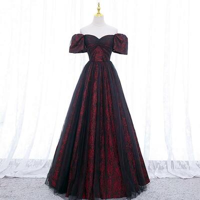 A line black and red long party dress with short sleeves  - Thumbnail 3