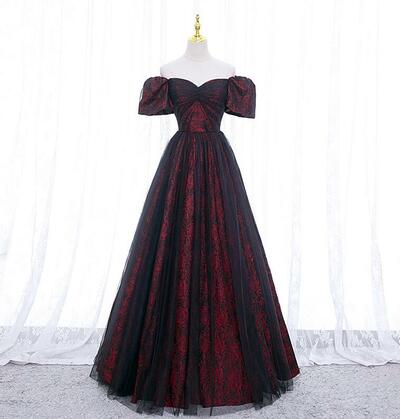 A Line Black And Red Long Party Dress With Short Sleeves 