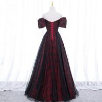 A Line Black And Red Long Party Dress With Short Sleeves  - Thumbnail 1
