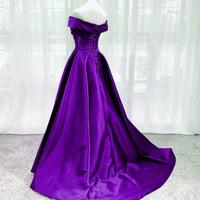 Simple Off Shoulder Long Purple Satin Evening Dresses - Thumbnail 1